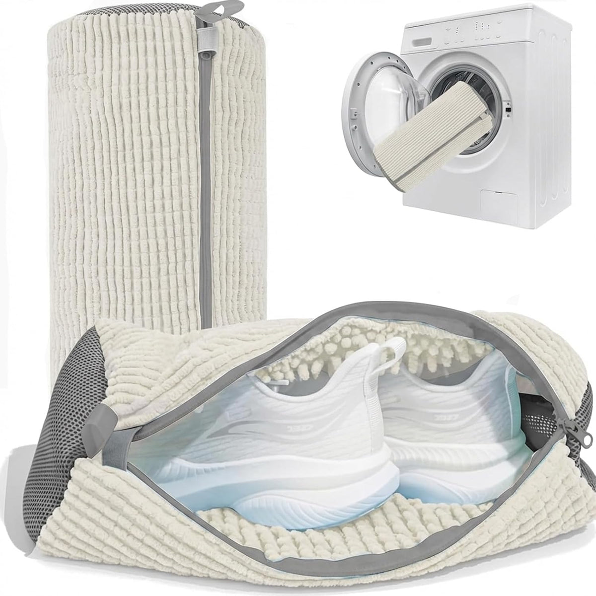 Shoe Washing Machine Bag，2PCS Laundry Shoe Bags for Sneaker，Washer and Dryer Reusable Shoes Cleaning Bag for All Shoe Sizes - Cream