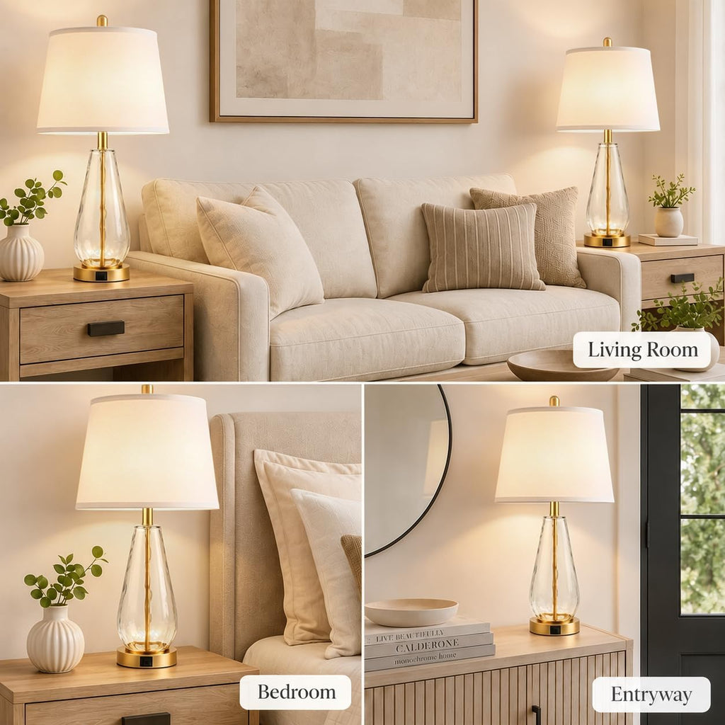 27'' Glass Table Lamps Set of 2 for Living Room, Gold Modern Lamps