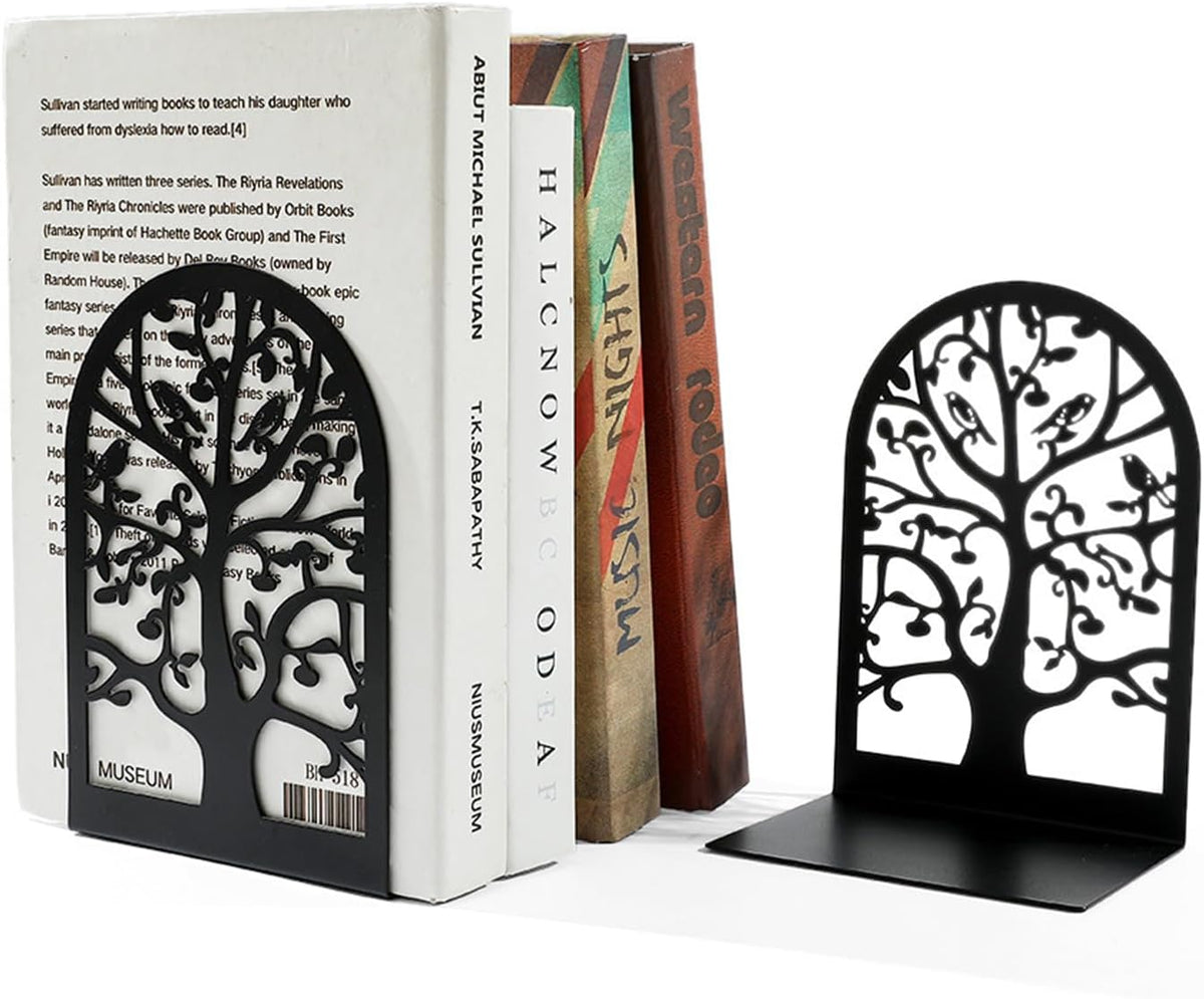 Book Ends for Shelves Decorative,Tree Metal Bookend Supports for Home Office School Heavy Books, Set of 3 Black Book Holders for Shelf Unique Decoration Book Stoppers