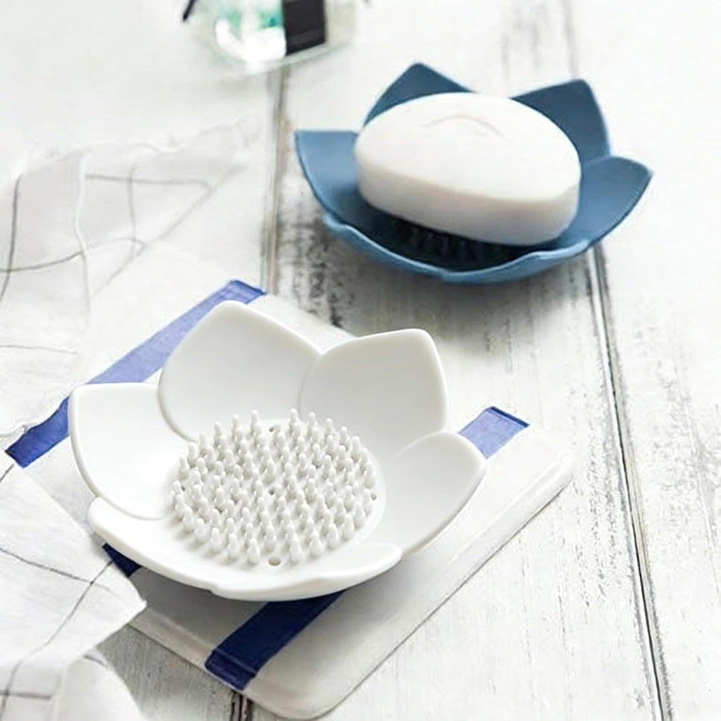3 Pack Soap Dish, Bar Soap Holder, Bathroom Soap Tray with Drain, Lotus Silicone Soap Holder for Bathroom Shower (Blue, Pink, White)