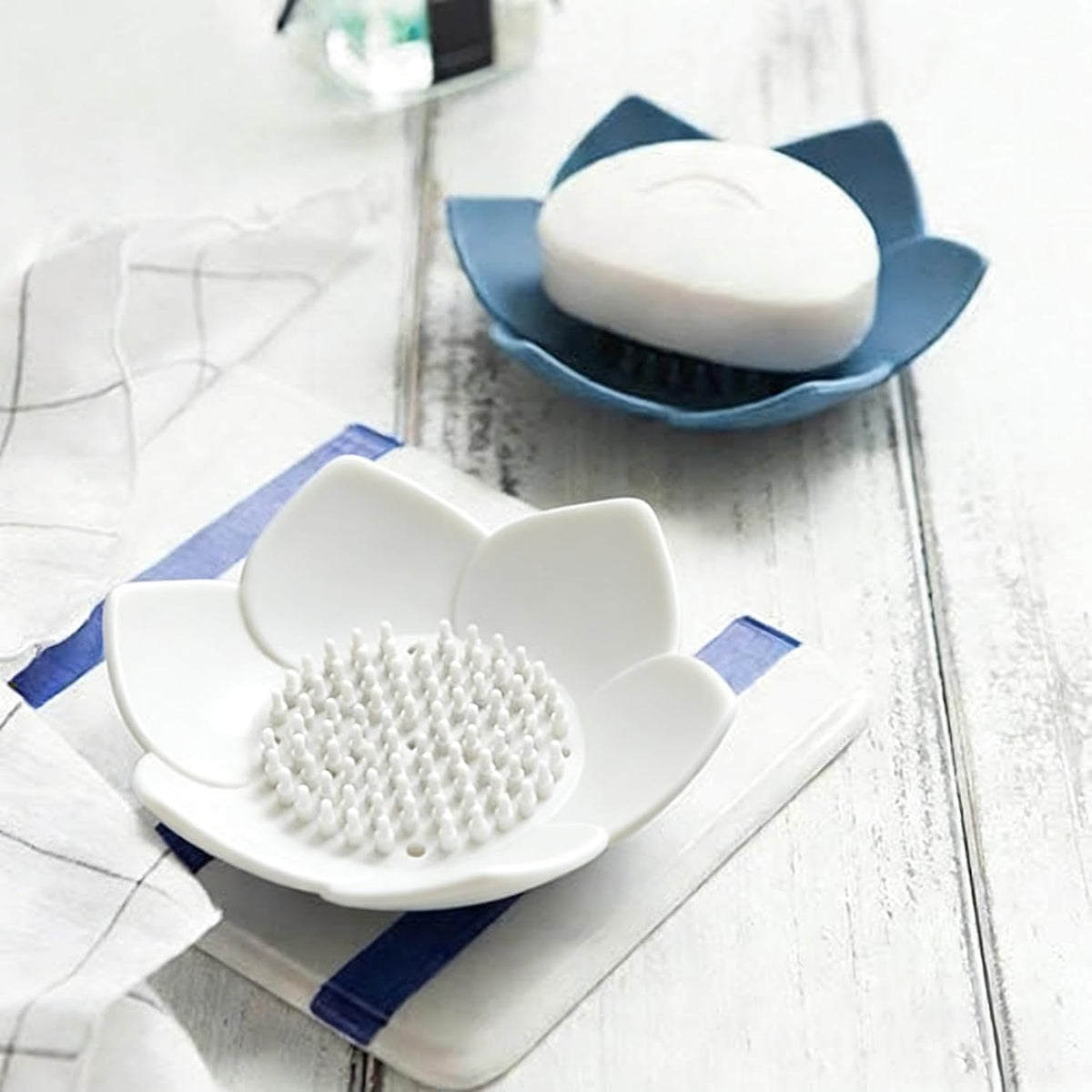 3 Pack Soap Dish, Bar Soap Holder, Bathroom Soap Tray with Drain, Lotus Silicone Soap Holder for Bathroom Shower (Blue, Pink, White)