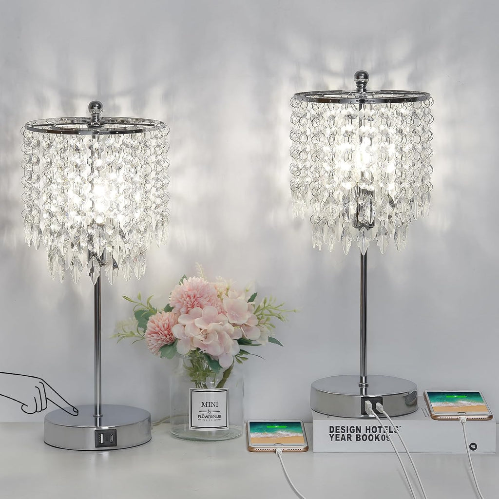 Crystal Table Lamp Set of 2 Touch Control, Crystal Lamps with USB Ports Elegant Shade Bedside Lamp Silver, Dimmable Touch Table Lamp for Nightstand Bedroom Living Room, 4W LED Bulb Included