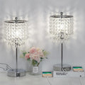 Crystal Table Lamp Set of 2 Touch Control, Crystal Lamps with USB Ports Elegant Shade Bedside Lamp Silver, Dimmable Touch Table Lamp for Nightstand Bedroom Living Room, 4W LED Bulb Included