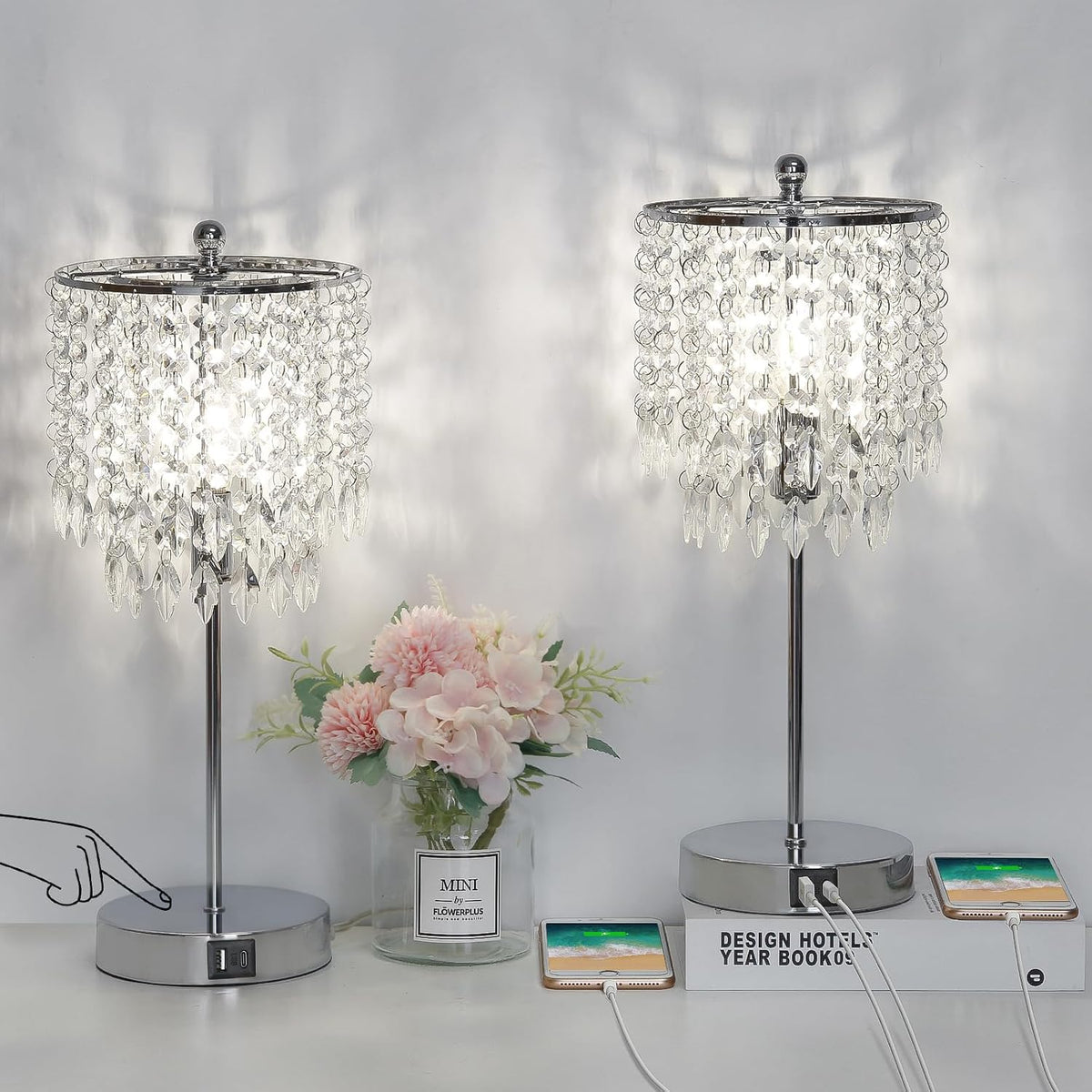 Crystal Table Lamp Set of 2 Touch Control, Crystal Lamps with USB Ports Elegant Shade Bedside Lamp Silver, Dimmable Touch Table Lamp for Nightstand Bedroom Living Room, 4W LED Bulb Included