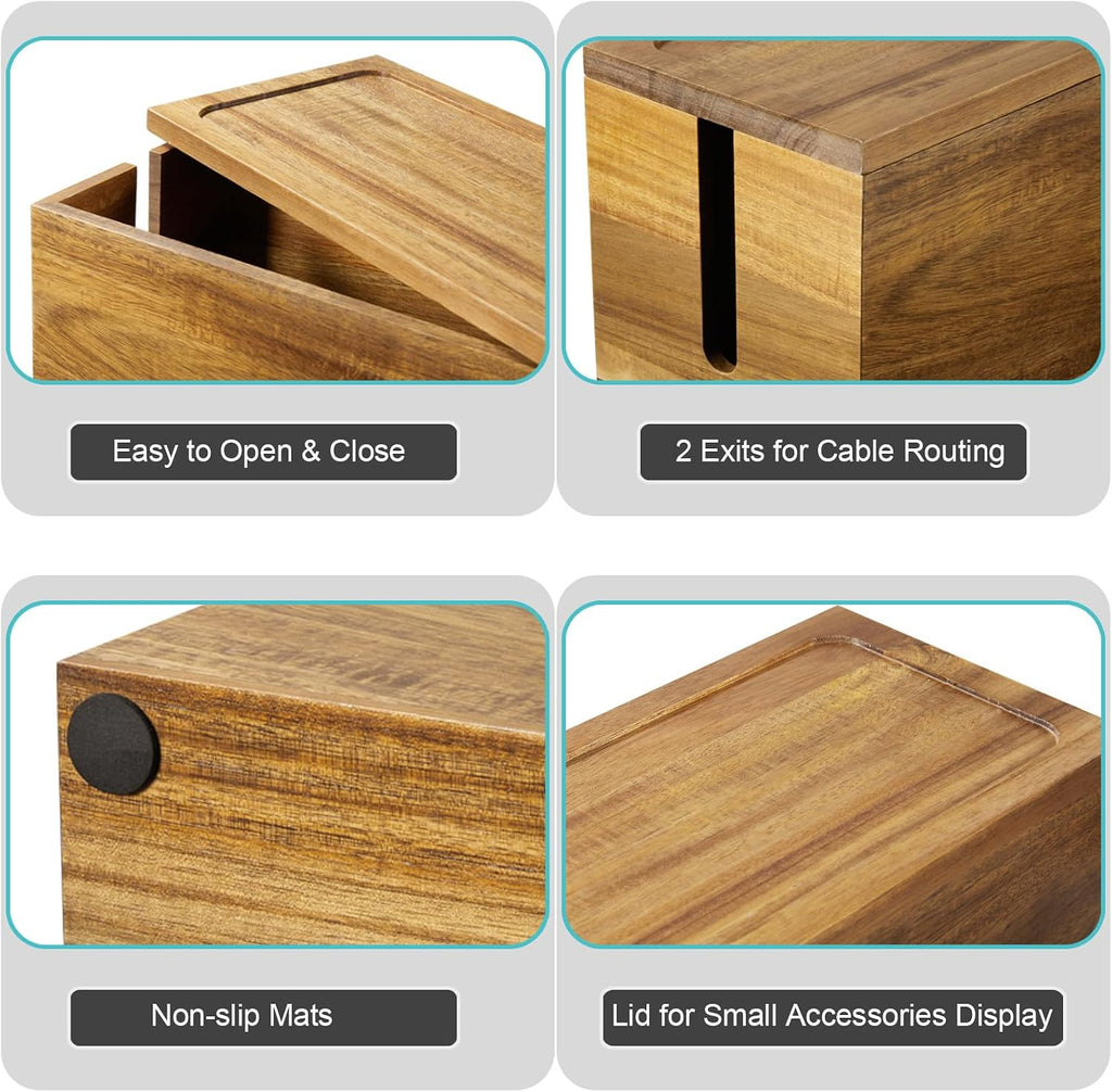 Bivvclaz Cable Management Box Medium, Acacia Wooden Cord Organizer Box for Desk, Floor, Office to Hide Extension Cords Power Stripes Surge Protectors Chargers Wires