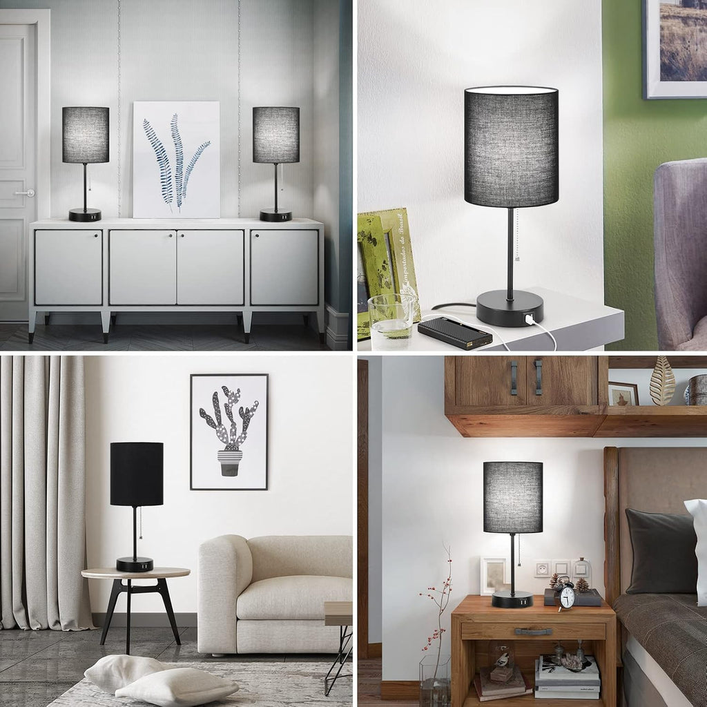 Bedside Table Lamps Set of 2 with USB Charging Ports and AC Outlet, Black