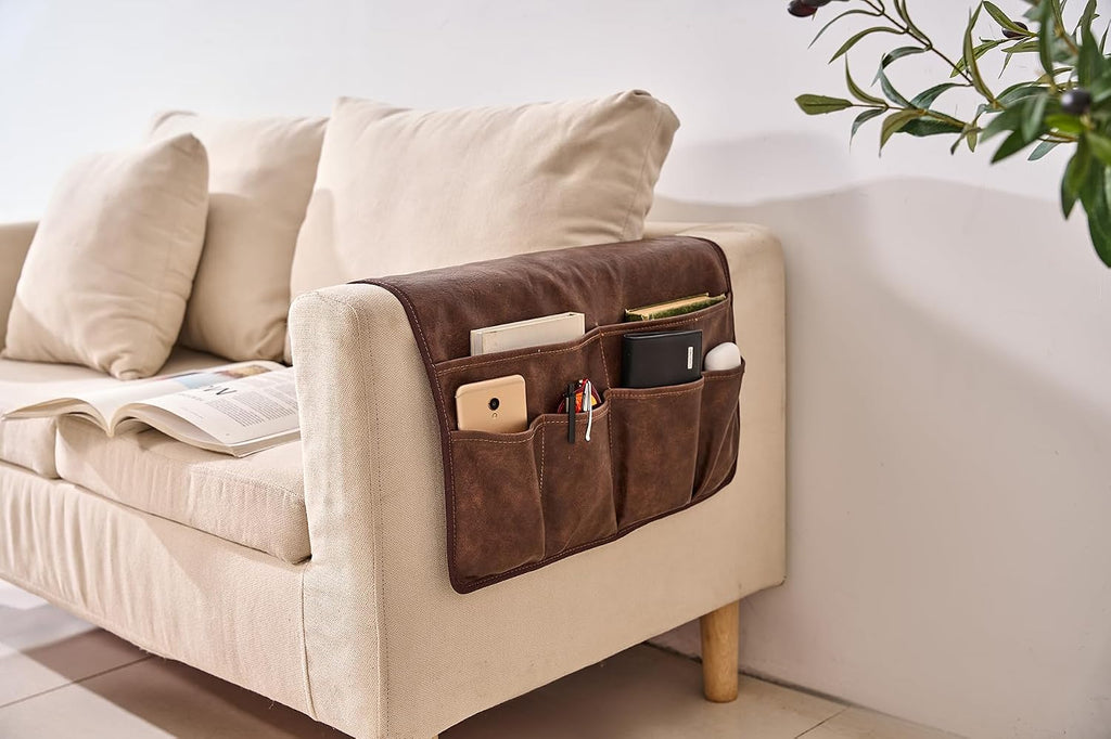EURYNOME Faux Leather Sofa Armrest Storage Bag,Anti-Slip Sofa Organizer Pouch for Remote Control,Phone,ipad,Magazine,etc