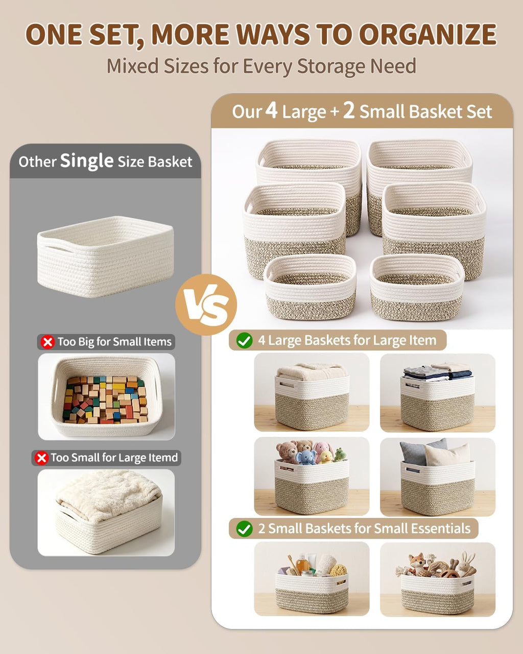 4 Large & 2 Small Foldable Woven Storage Basket for Cabinet