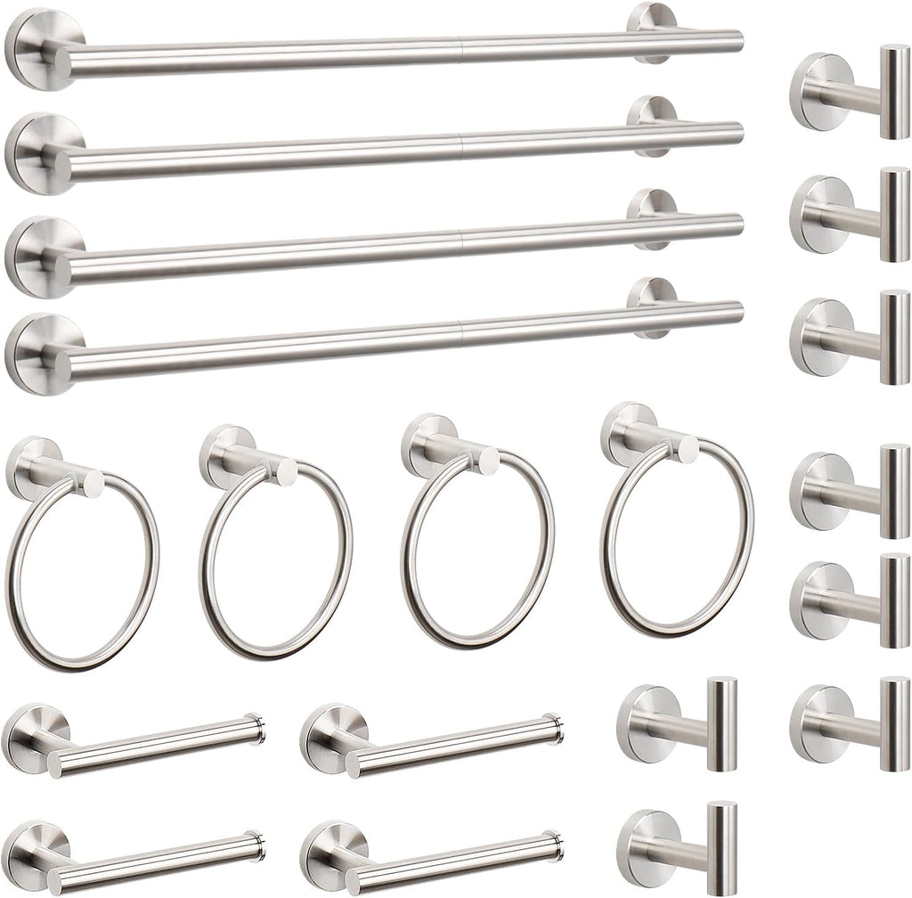 NearMoon 20 Pieces Bathroom Hardware Set SUS304 Thicken Stainless Steel-Towel Rack Kit Include 26" Towel Rod + Bath Towel Ring + Toilet Paper Holder + Robe Towel Hooks Bath Accessories (Nickel)