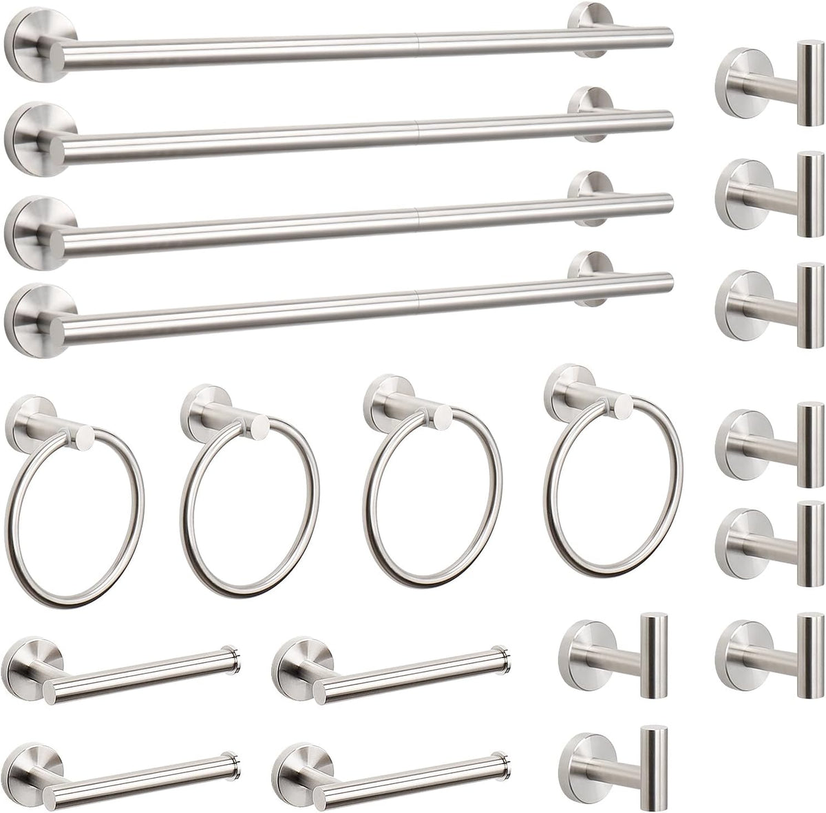 NearMoon 20 Pieces Bathroom Hardware Set SUS304 Thicken Stainless Steel-Towel Rack Kit Include 26" Towel Rod + Bath Towel Ring + Toilet Paper Holder + Robe Towel Hooks Bath Accessories (Nickel)
