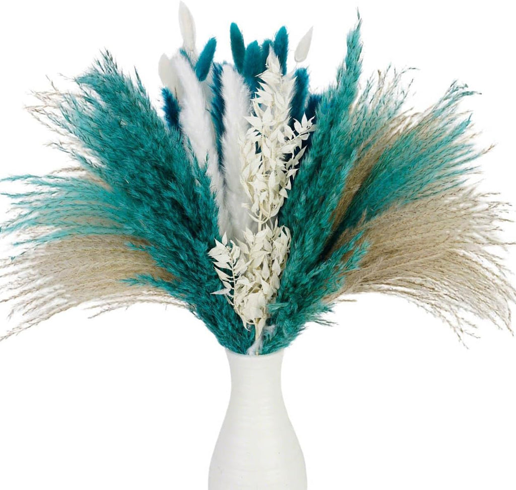 Pampas Grass Dried Flowers for Vase, Boho Home Decor, Wedding Decorations (Mixed Teal Blue)