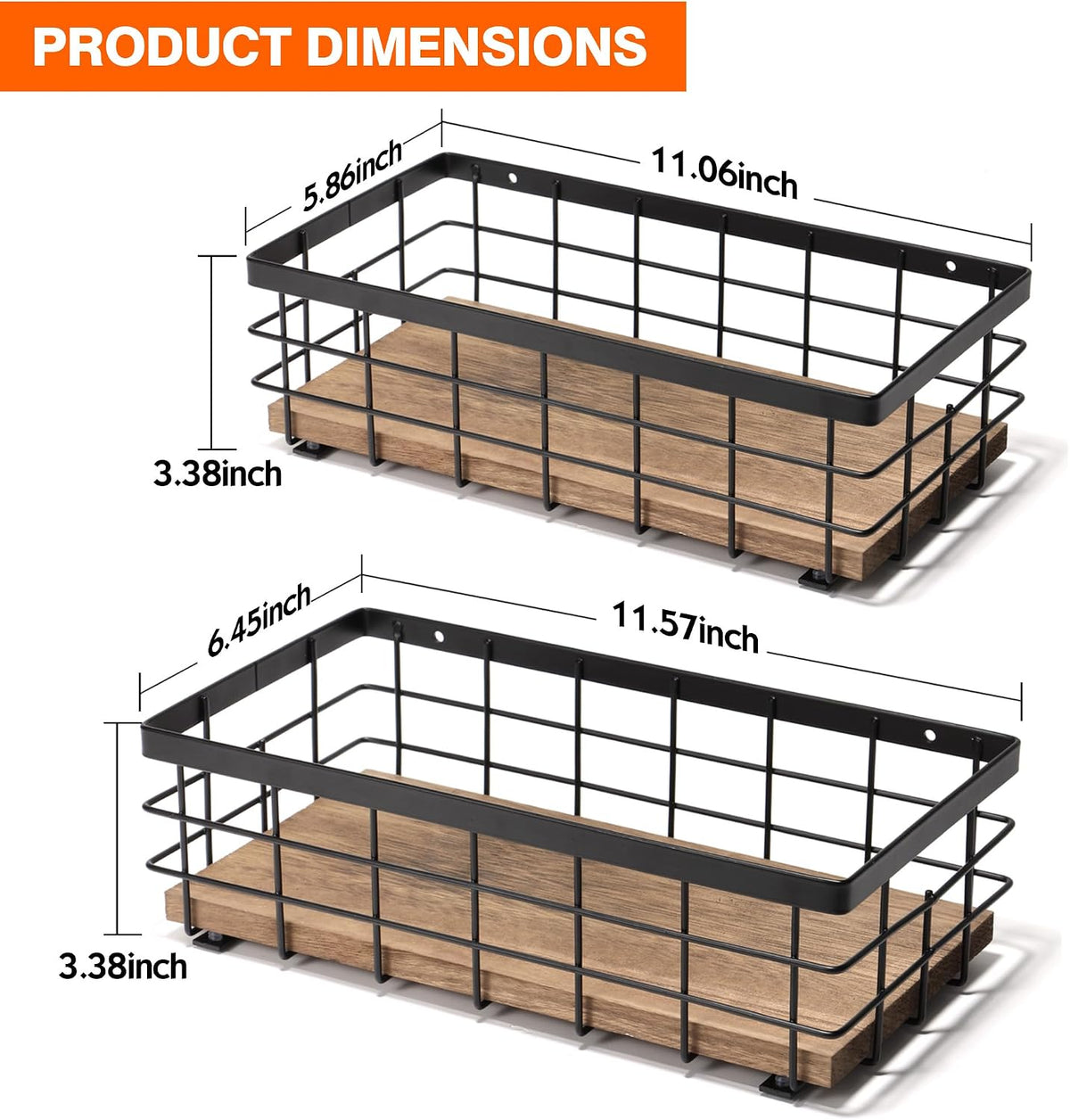 TJ.MOREE Small Metal Wire Basket, Decorative Wood Base Organizer for Bathroom, Kitchen, Basket for Toilet Paper Storage, Sugar Packet, Coffee Syrup, Guest Towel, Napkin(Black 2 Packs)