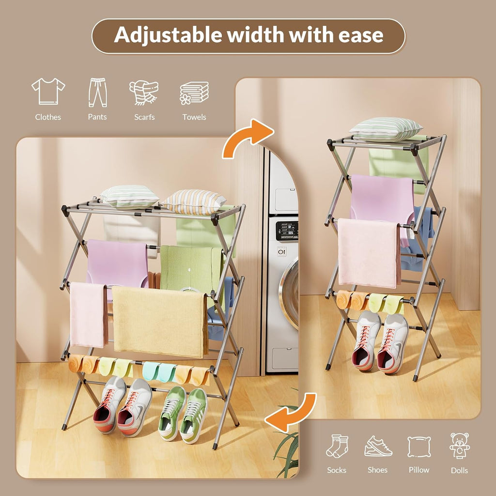 Collapsible Floor Drying Rack - Free Standing Accordion Laundry Dryer, Retractable Metal Clothes Hanger with Shoe Storage, Heavy Duty Rustproof Airer for Bathroom, Balcony & Rv