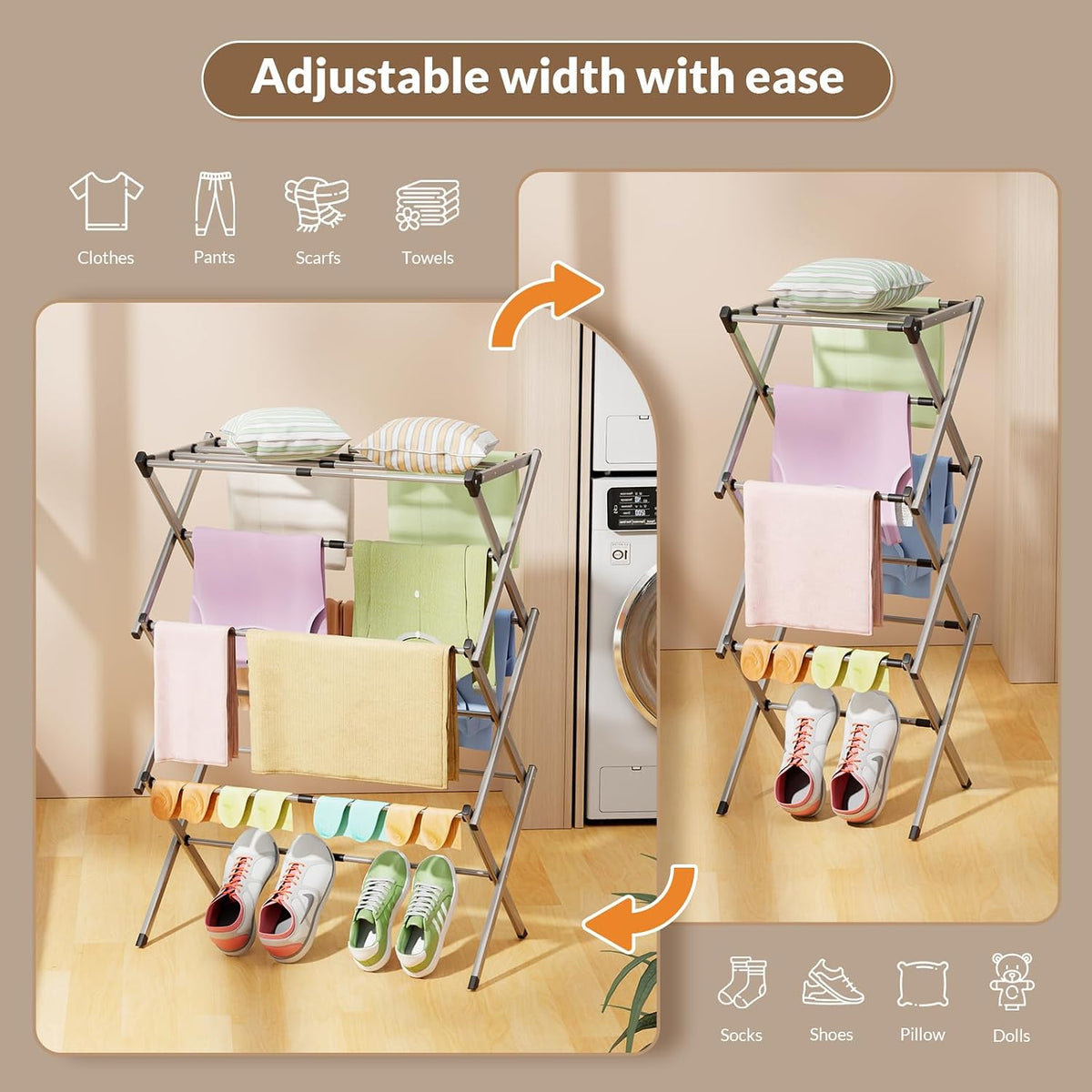 Collapsible Floor Drying Rack - Free Standing Accordion Laundry Dryer, Retractable Metal Clothes Hanger with Shoe Storage, Heavy Duty Rustproof Airer for Bathroom, Balcony & Rv