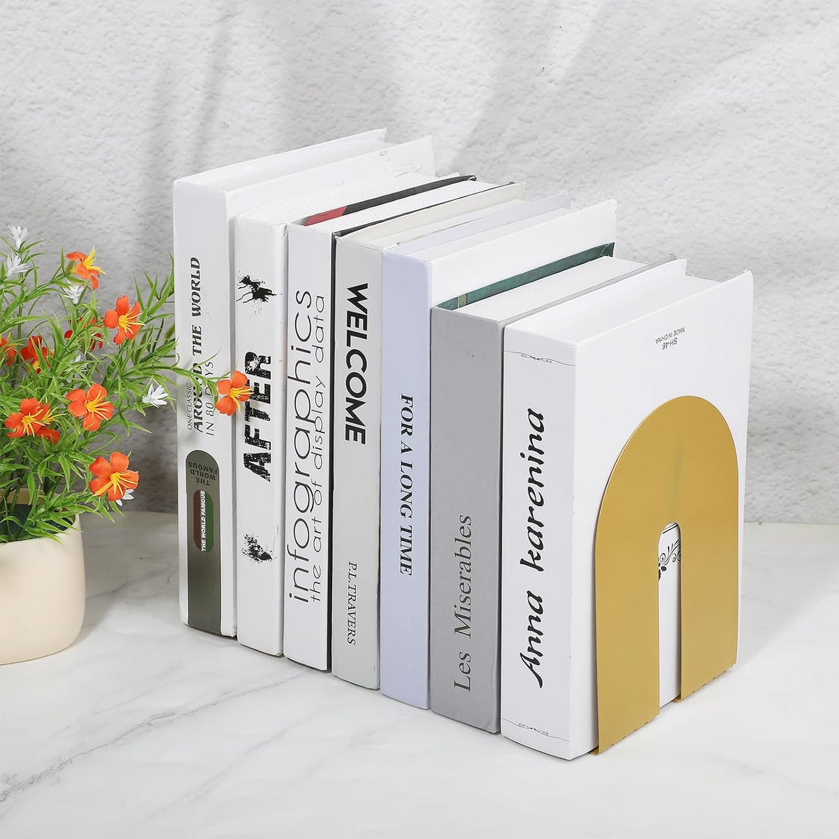 Set of 4 Golden Iron Book Ends for Heavy Books, Decorative Metal Bookends for Office Desk & Home Library, Elegant Book Holders for Shelves, Textbooks, Albums, Magazines (5.1x4.7x6.7 Inches)