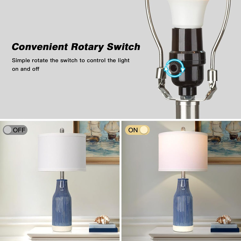 24.5" Blue Ceramic Table Lamps Set of 2 for Bedroom, Modern Table Lamps for Living Room End Table, Small Farmhouse Bedside Lamps for Nightstands (2 LED Bulbs Included)