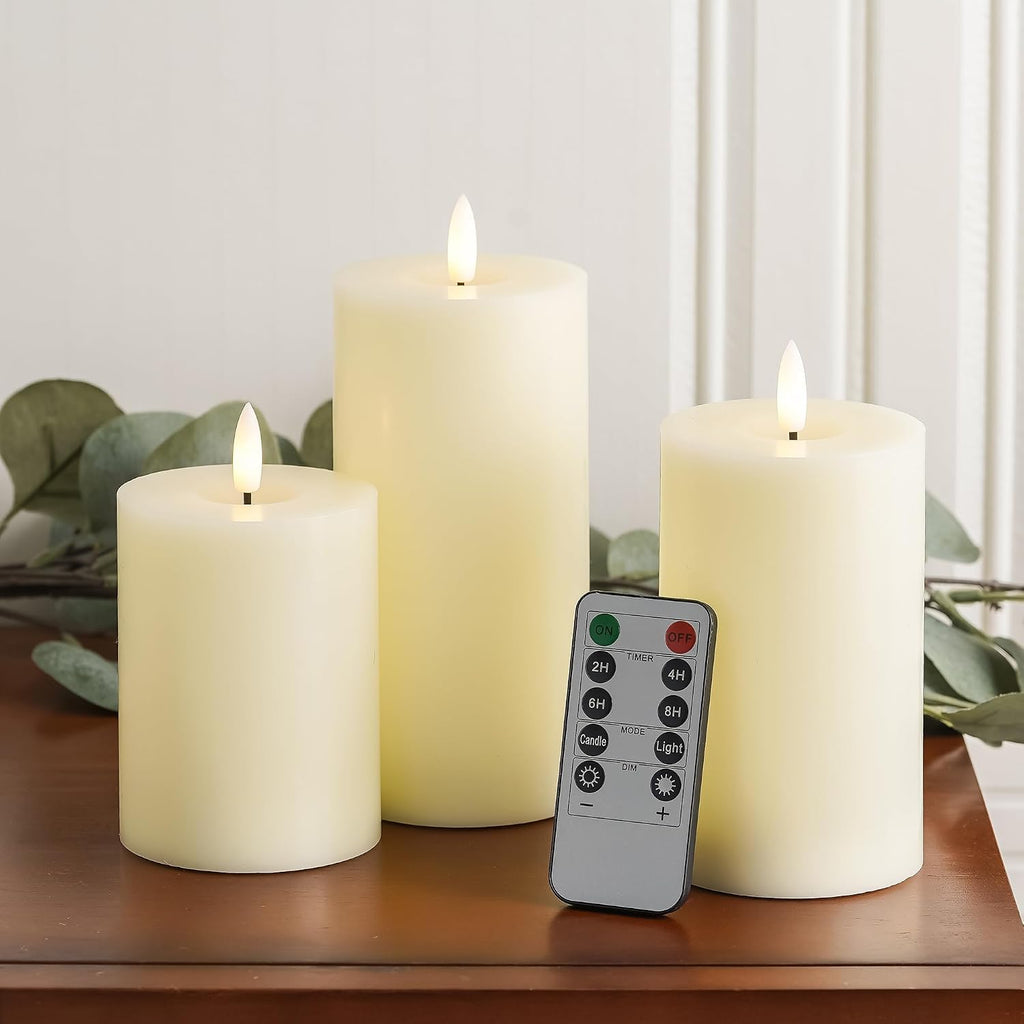 Stmarry Ivory Flameless Candles with Remote and Timer, Real Wax Made LED Pillar Candles Battery Operated with 3D Flickering Flame - 3" x 4", 3" x 5", 3" x 6" - Set of 3