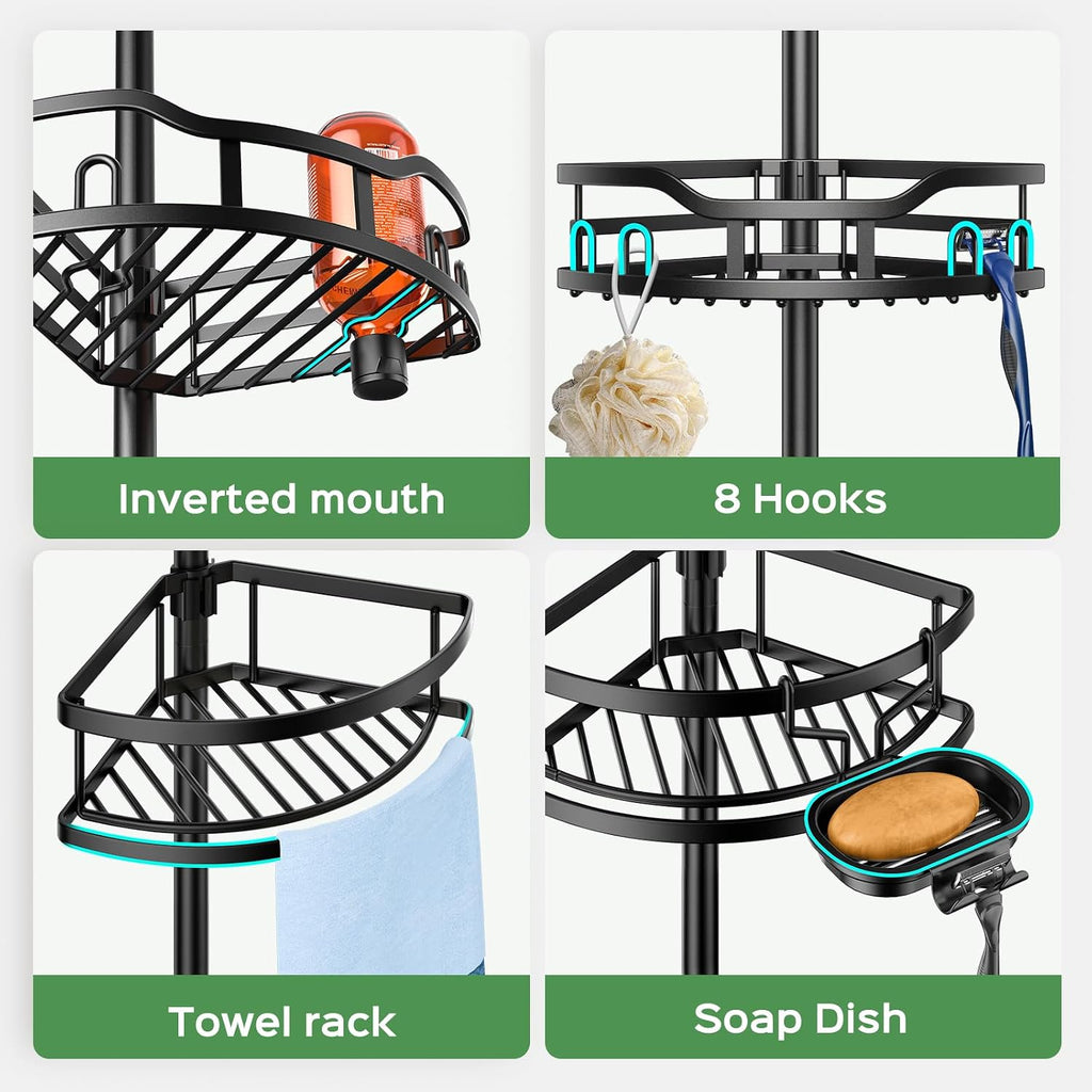 HAMITOR Shower Caddy Tension Pole: Rustproof Quick Install Standing Corner Bathroom Organizer Shelf on Floor for Renters - 4-Tier Large Capacity Storage Rack with Soap Holder for Apartment -Black