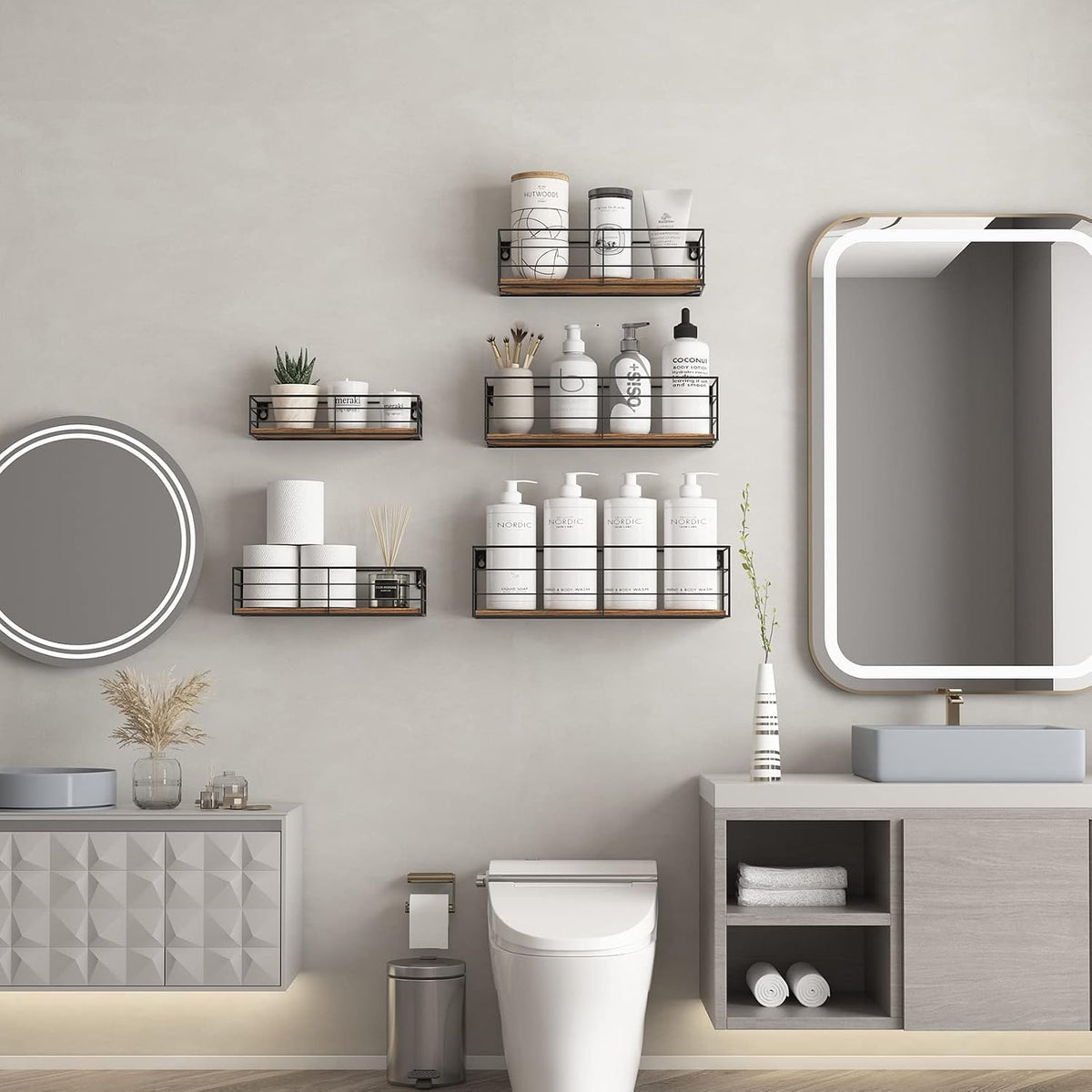 CRUGLA Floating Wall Shelves Set of 5, Wall Mounted Bathroom Shelves, Hanging Storage Shelf for Bathroom, Kitchen, Bedroom, Living Room