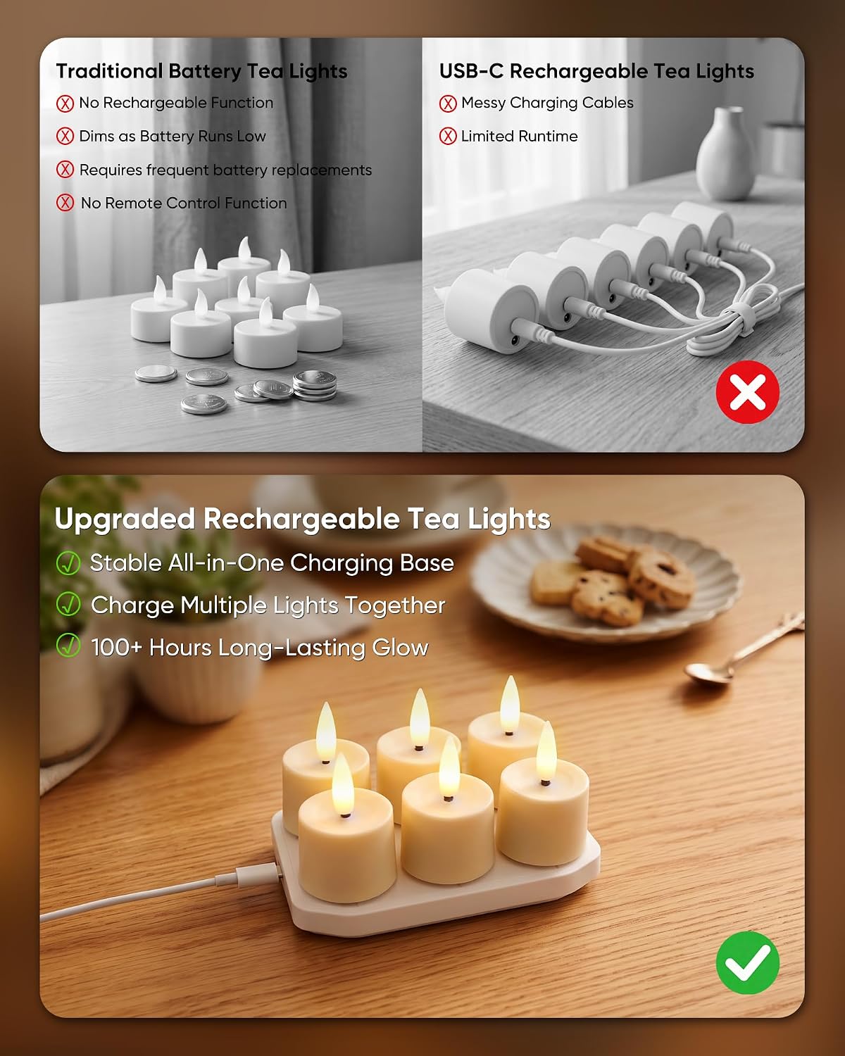 BEICHI 6Pack Rechargeable Tea Lights with Remote Timer,White Charging Base