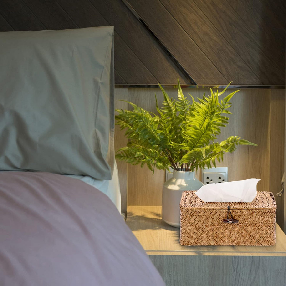 Sumnacon Tissue Box Cover Rectangle Seagrass Tissue Box Holder, Caramel,M