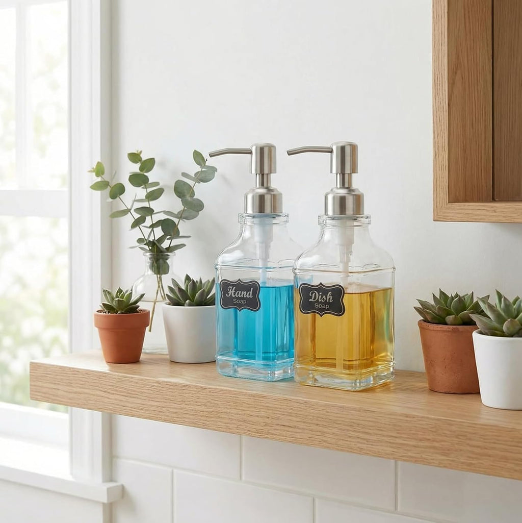 JASAI 2Pack Hand&Dish Glass Soap Dispenser with Rust Proof Pump & Stickers