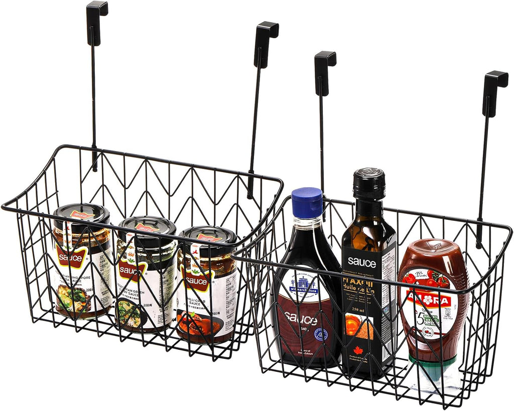 AVLA 2 Pack Over The Cabinet Door Organizer, Grid Storage Baskets with Hooks, Metal Wall Hanging Basket Holder Rack, Wire Kitchen Sink Organization Bin for Bathroom Shampoo, Body Wash