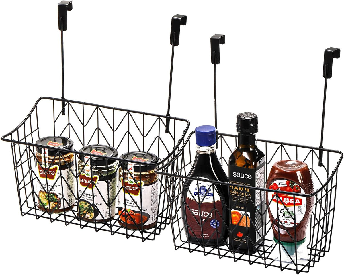 AVLA 2 Pack Over The Cabinet Door Organizer, Grid Storage Baskets with Hooks, Metal Wall Hanging Basket Holder Rack, Wire Kitchen Sink Organization Bin for Bathroom Shampoo, Body Wash