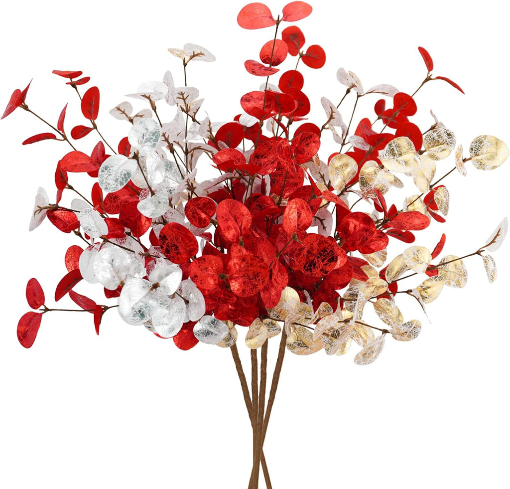 4Pcs Artificial Eucalyptus Leaves Stems 28‘’ Eucalyptus Branches Fake Christmas Flowers Decoration Eucalyptus Plant for Home Fireplace Holiday Wedding Xmas Tree Winter Décor