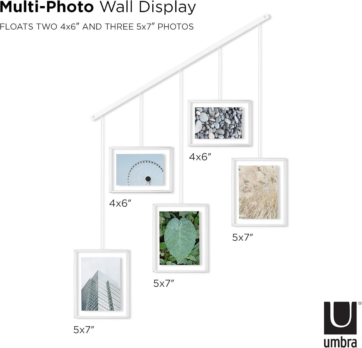 Umbra Exhibit Picture Frame Gallery Set, Adjustable Wall Collage Displays Five Photos (Two 4x6 and Three 5x7), Set of 5, White