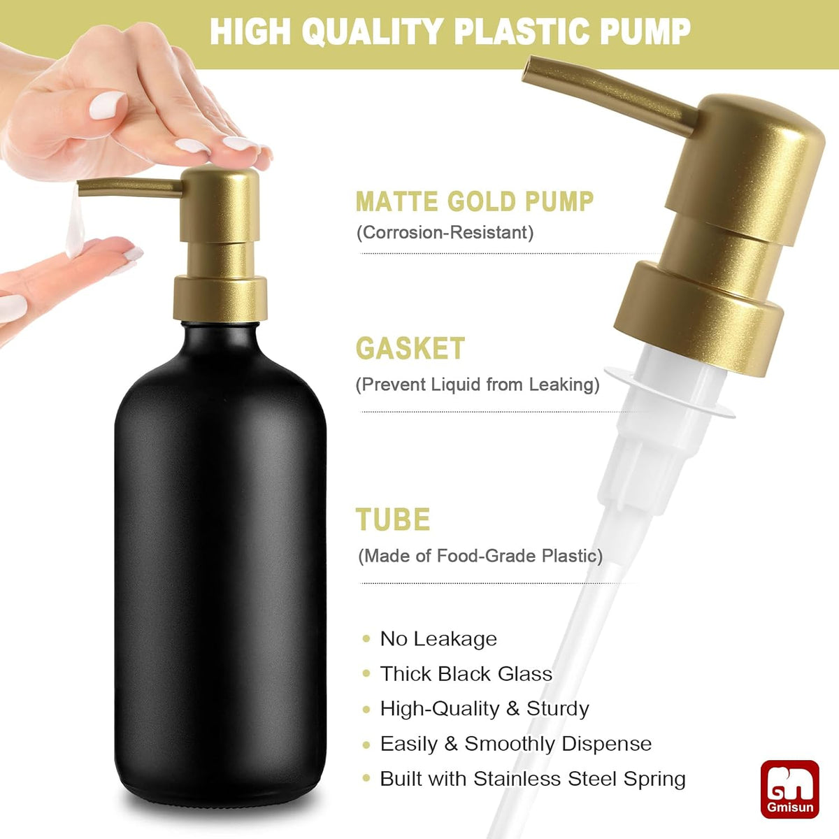 GMISUN Dish Soap Dispenser for Kitchen, 17 fl oz Dish Soap Dispensers with Ceramic Tray & Bamboo Brush & Gold Pump, 2Pcs Matte Black Glass Kitchen Soap Dispenser Set, Refillable Soap Bottle Set