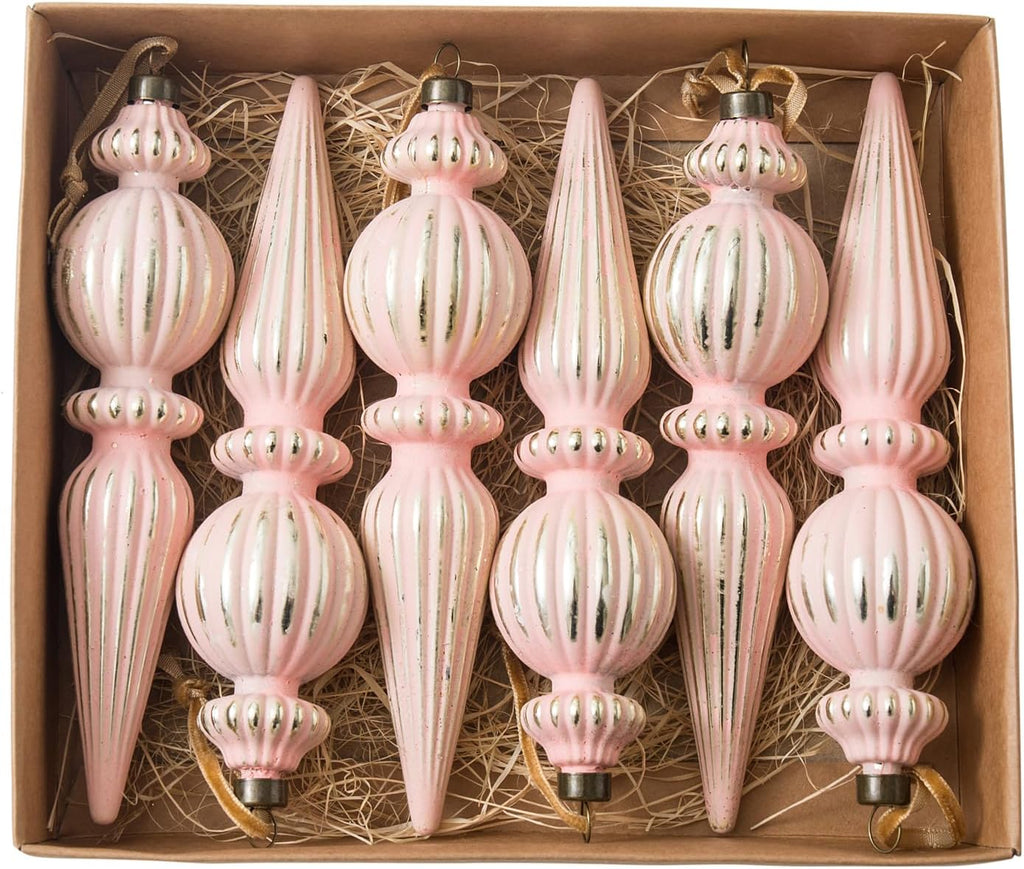 Pink Vintage Finial Christmas Ornaments, 6Pcs Neutral Shatterproof Xmas Tree Ornaments
