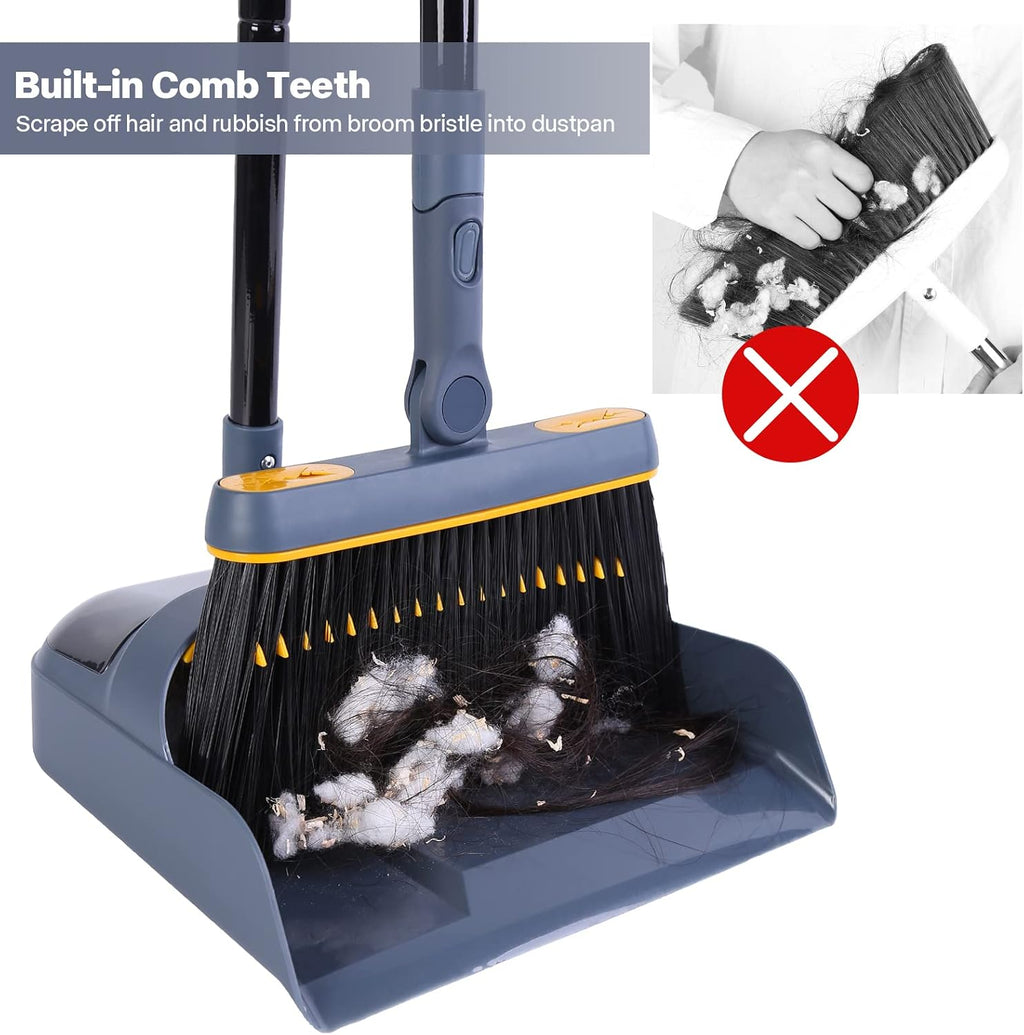 JEHONN Broom and Dustpan Set for Home, 54 Inches Long Handle Lightweight 180 Degree Rotating Indoor Upright Standing Dust Pan with Comb Teeth, Store Sweep Set for Room Kitchen Lobby Office