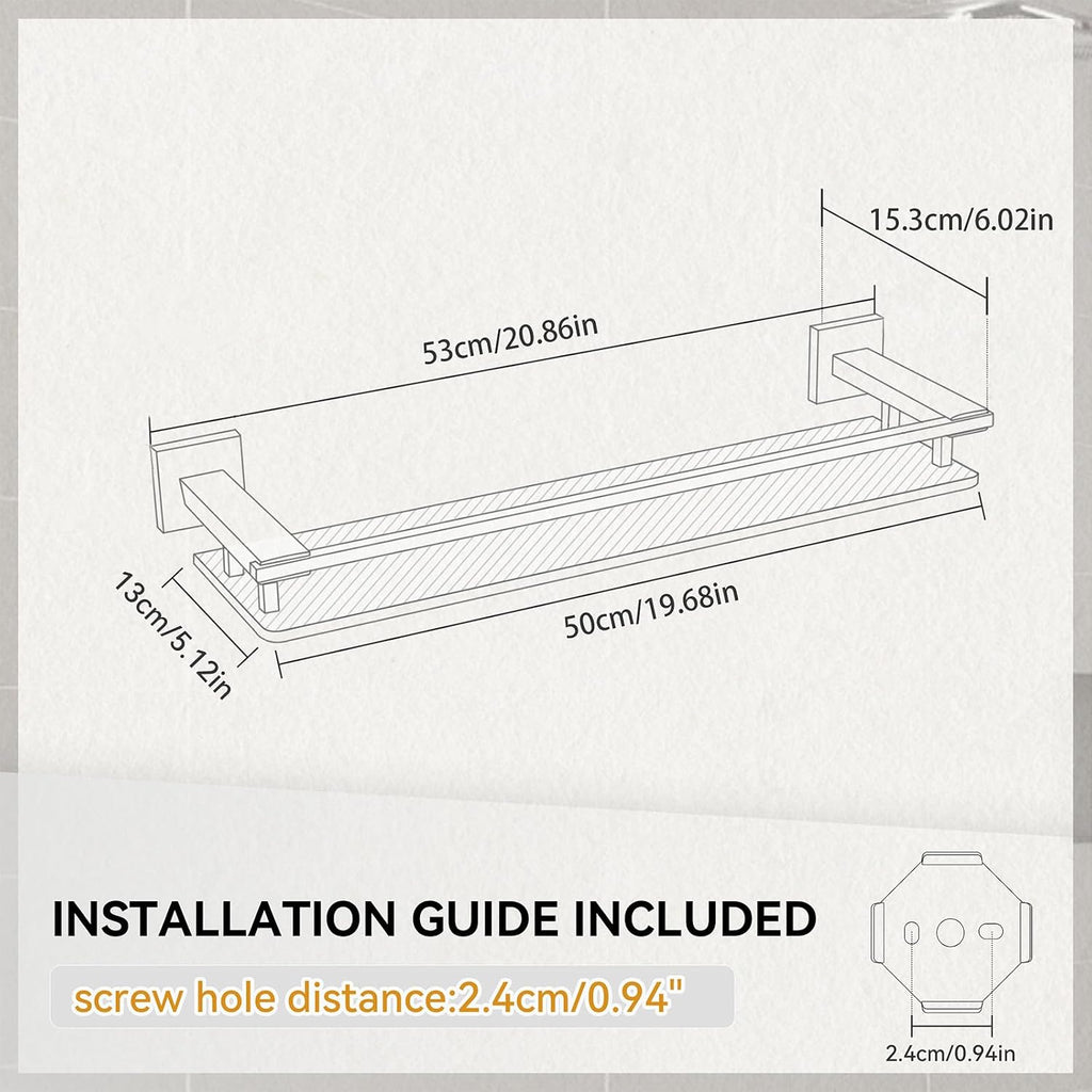 LANC Gold Bathroom Shelf Glass Shelves 20-Inch Floating Tempered Glass Shelf Rectangular Modern Stainless Steel Wall Mounted Cologne Shelves for Men Shower Bathroom Kitchen Organizers，A7613BG
