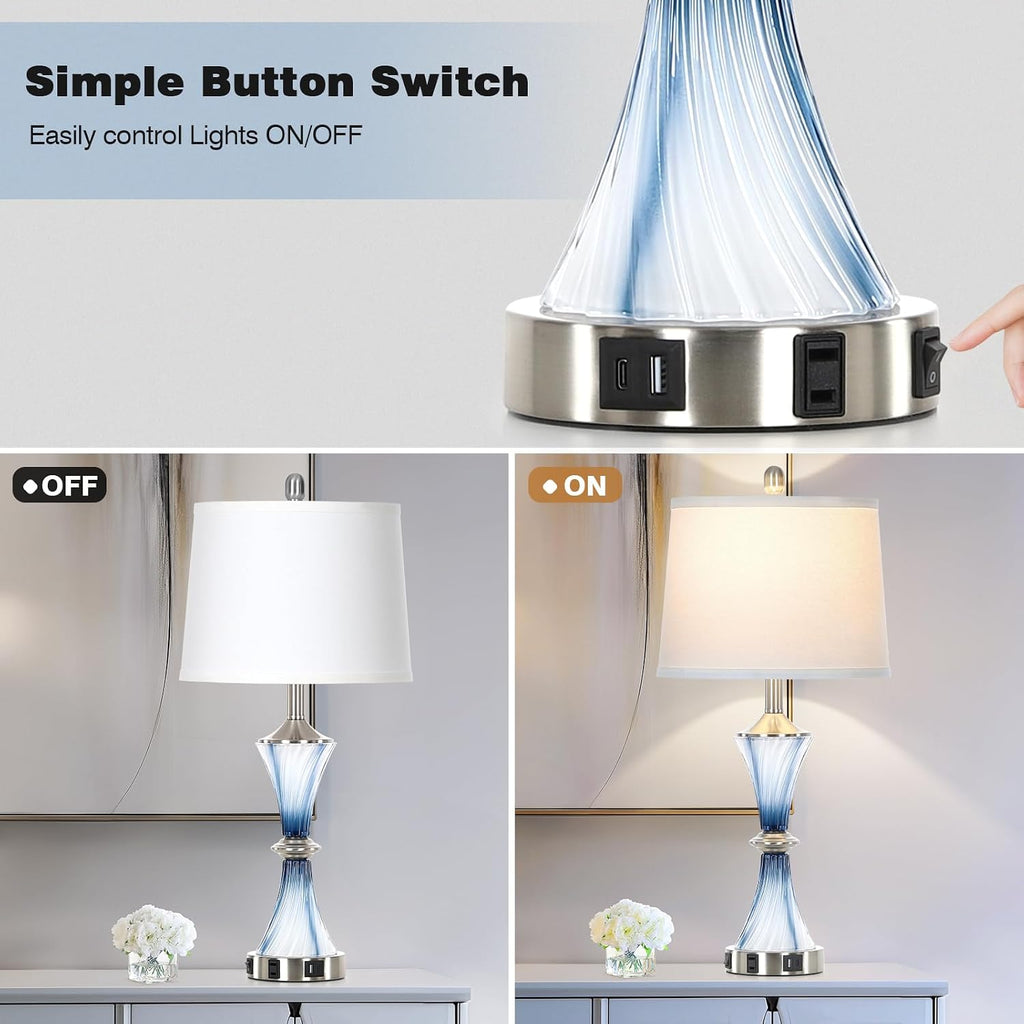 Rinweey Blue Glass Table Lamp with USB C+A Ports & AC Outlet,Coastal Bedside Lamp for Night Stands Bedroom Living Room,Nightstand Lamp LED Bulbs Included,Single Blue