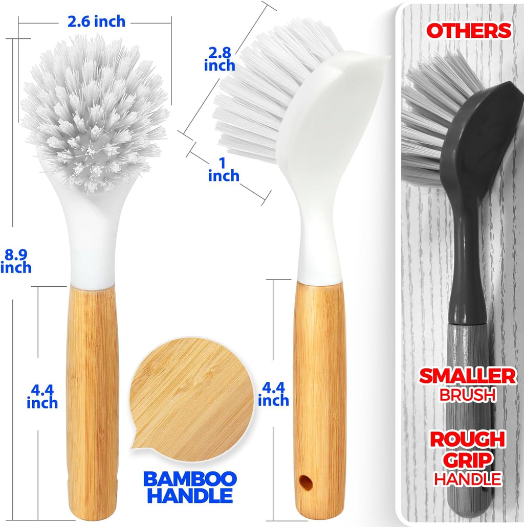 Holikme 3 Pack Dish Brush with Bamboo Handle Cleaning Brush,White