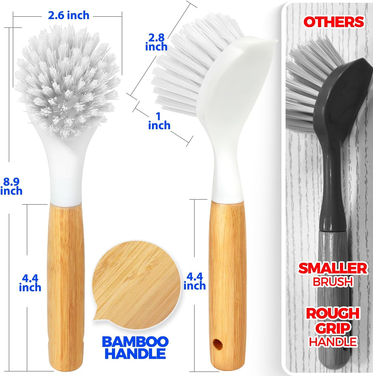 Holikme 3 Pack Dish Brush with Bamboo Handle Cleaning Brush,White