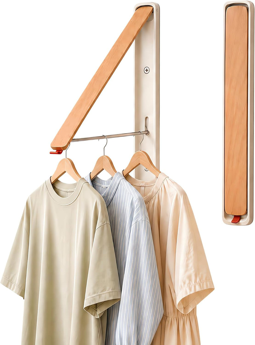 LEQ Clothes Drying Rack Wall Mounted, Foldable Laundry Drying Rack with Wood-Tone Aluminum Frame, Rustproof Retractable Clothes Hanger for Small Laundry Room, Bathroom, Balcony,White