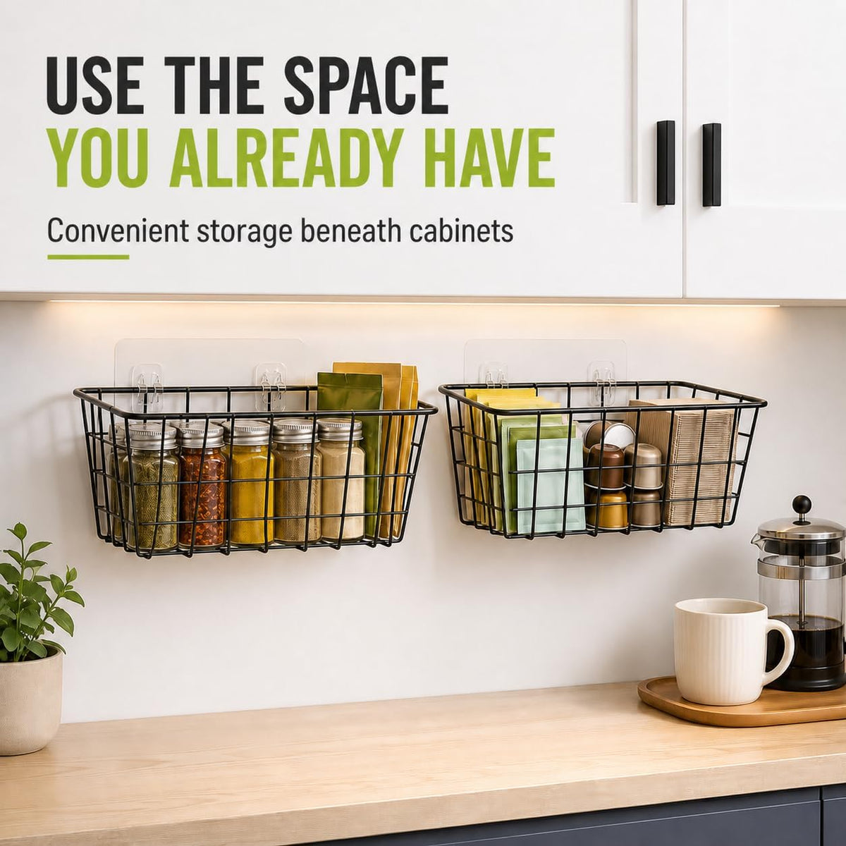 ZUSHALLMY 2 Pack Wire Baskets for Wall, No Drill Adhesive Kitchen Storage