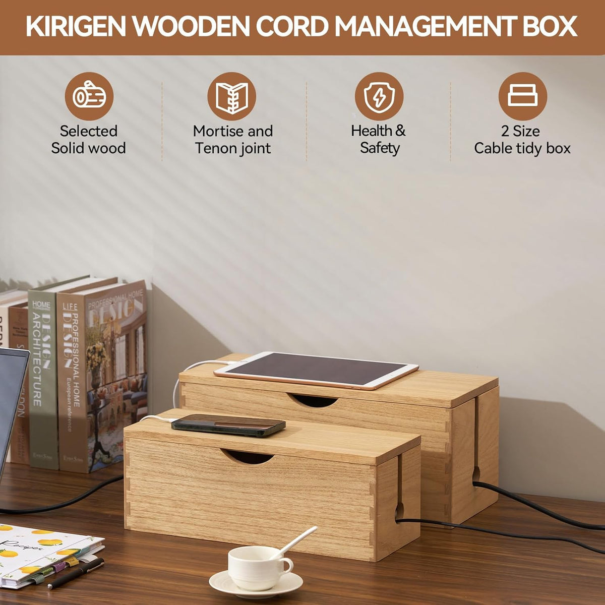 KIRIGEN Wooden Cable Management Box Set of 2, Cord Organizer, Natural