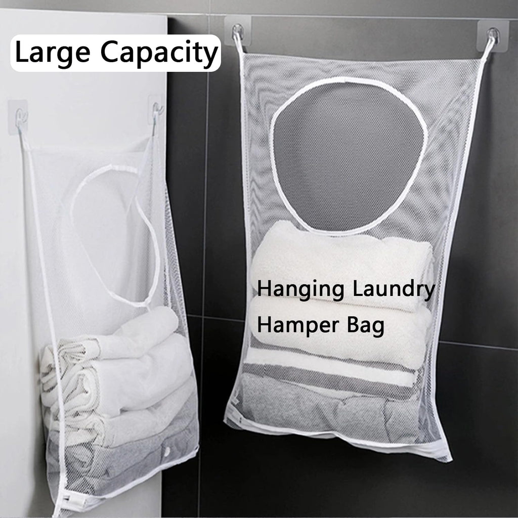 Hanging Laundry Hamper Bag, 2 Pack Over The Door Hanging Laundry Bag, 30 x 20 Inch Large Foldable Mesh Laundry Basket with 4 Adhesive Hooks for Dirty Clothes Organization and Storage
