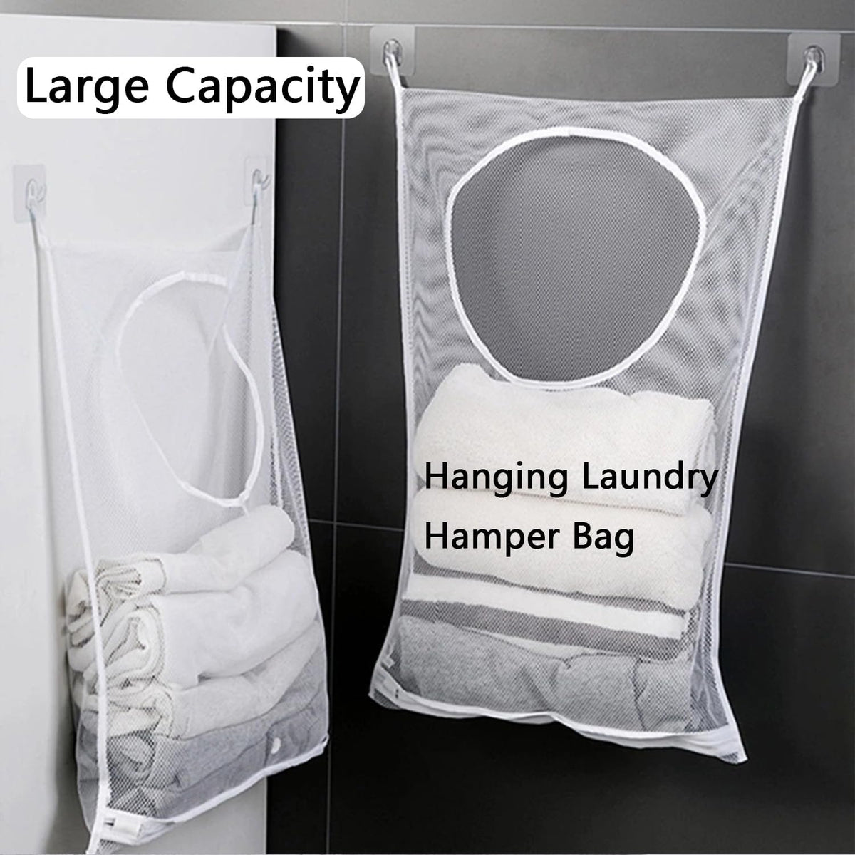 Hanging Laundry Hamper Bag, 2 Pack Over The Door Hanging Laundry Bag, 30 x 20 Inch Large Foldable Mesh Laundry Basket with 4 Adhesive Hooks for Dirty Clothes Organization and Storage