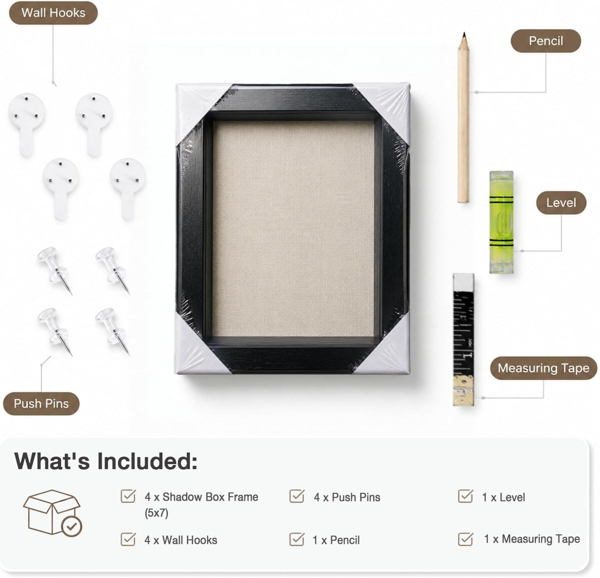 5x7 Shadow Box Picture Frame, 4-Pack Linen Back, Keepsake, Black