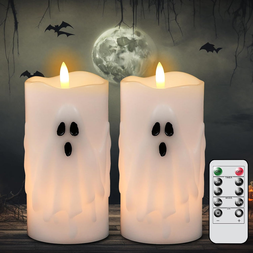 Eldnacele Halloween Ghost Flameless LED Pillar Candles with Remote Timer