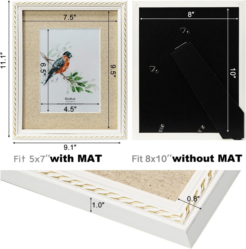 8x10 Picture Frame Pine Wood with Real Glass, Gold-Toned Synthetic Rope Edging, Linen Matted to 5x7, Vertical and Horizontal for Tabletop or Wall Hanging, White