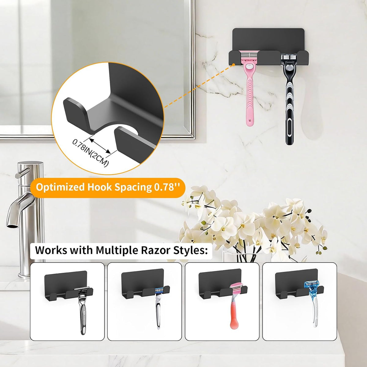 Razor Holder for Shower, Self Adhesive Shaver Shower Hook, Black