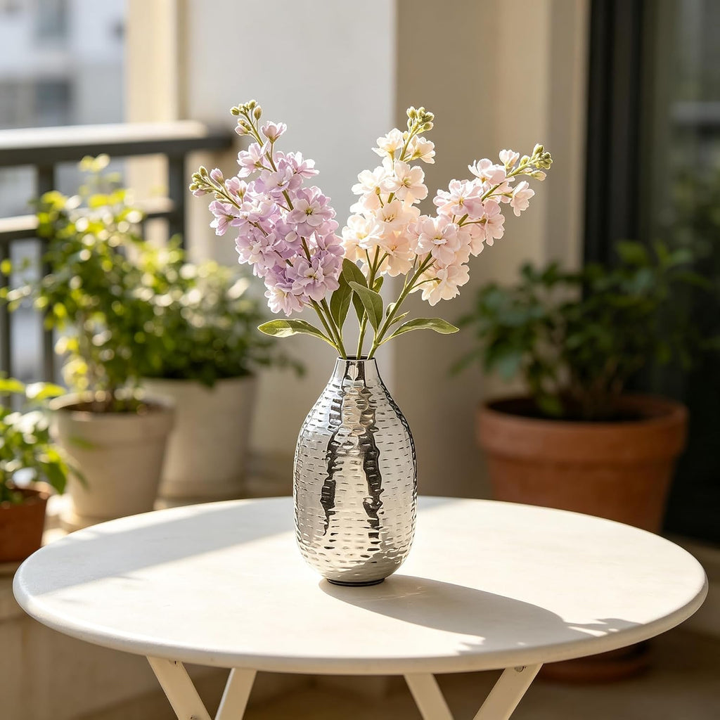 Hosley Silver Vase for Decor 8.75" Hammered Metal Flower Vase, Modern Tabletop Centerpiece Vases for Living Room Decor, Dining Table, Weddings, Faux Dried Floral Decorative Vases