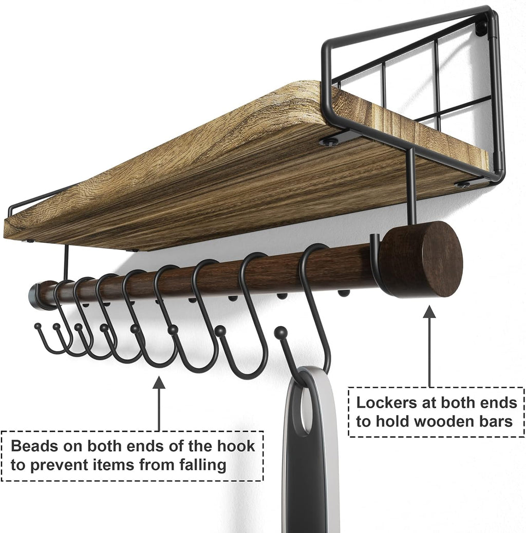 Alsonerbay Floating Shelf for Wall with Wooden Towel Bar, Carbonized Black