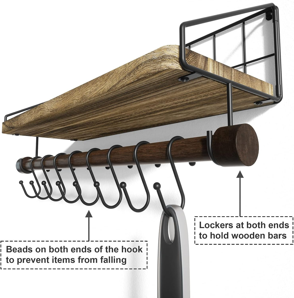 Alsonerbay Floating Shelf for Wall with Wooden Towel Bar, Carbonized Black