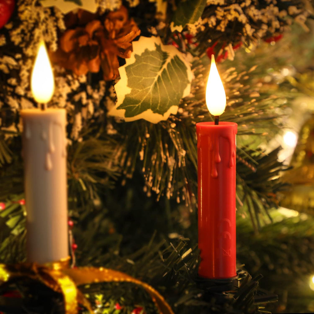Christmas Tree Clip-on Taper Candles with 3D Flickering Flame Battery Operated Candle with Timer and Remote, Pack of 10, Red